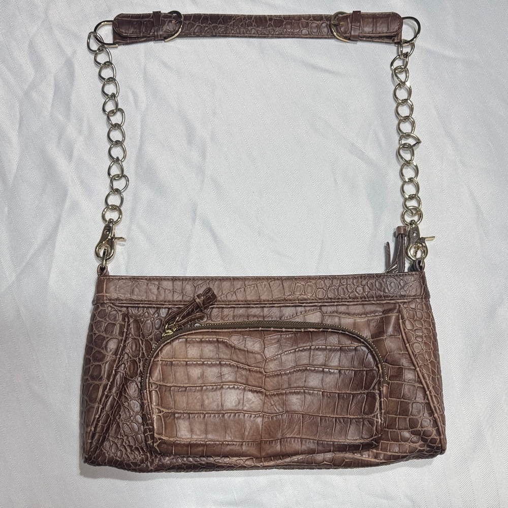 Charles David Brown Croc-Embossed Shoulder Bag with Chain Strap